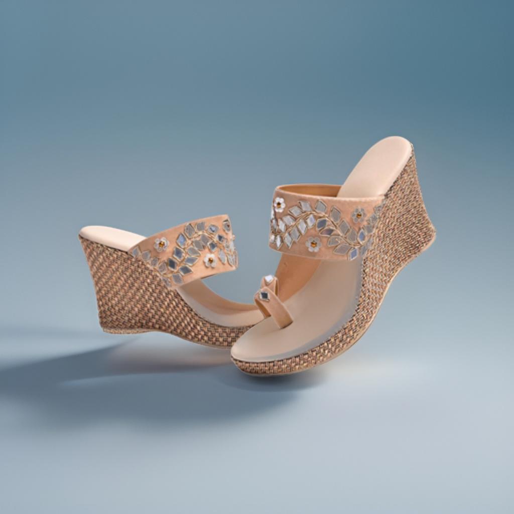 Beige Zari Embroidery Mirror Work Platform Heels