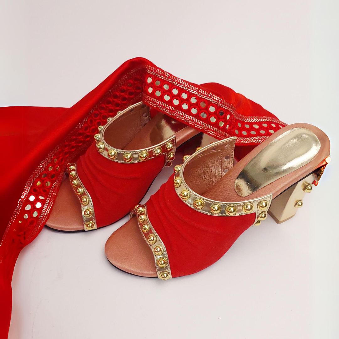 Golden Studded Red Elegant Party Block Heels