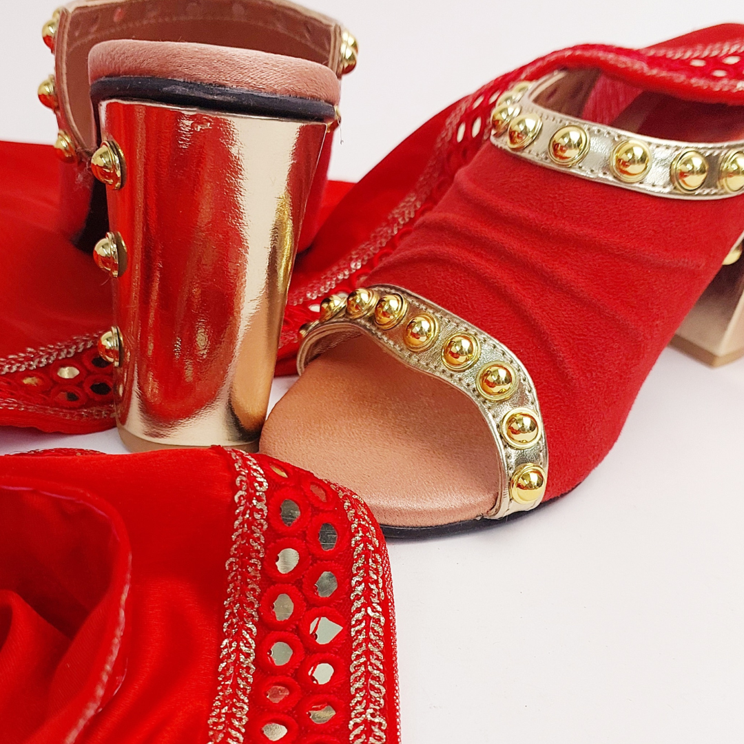 Golden Studded Red Elegant Party Block Heels