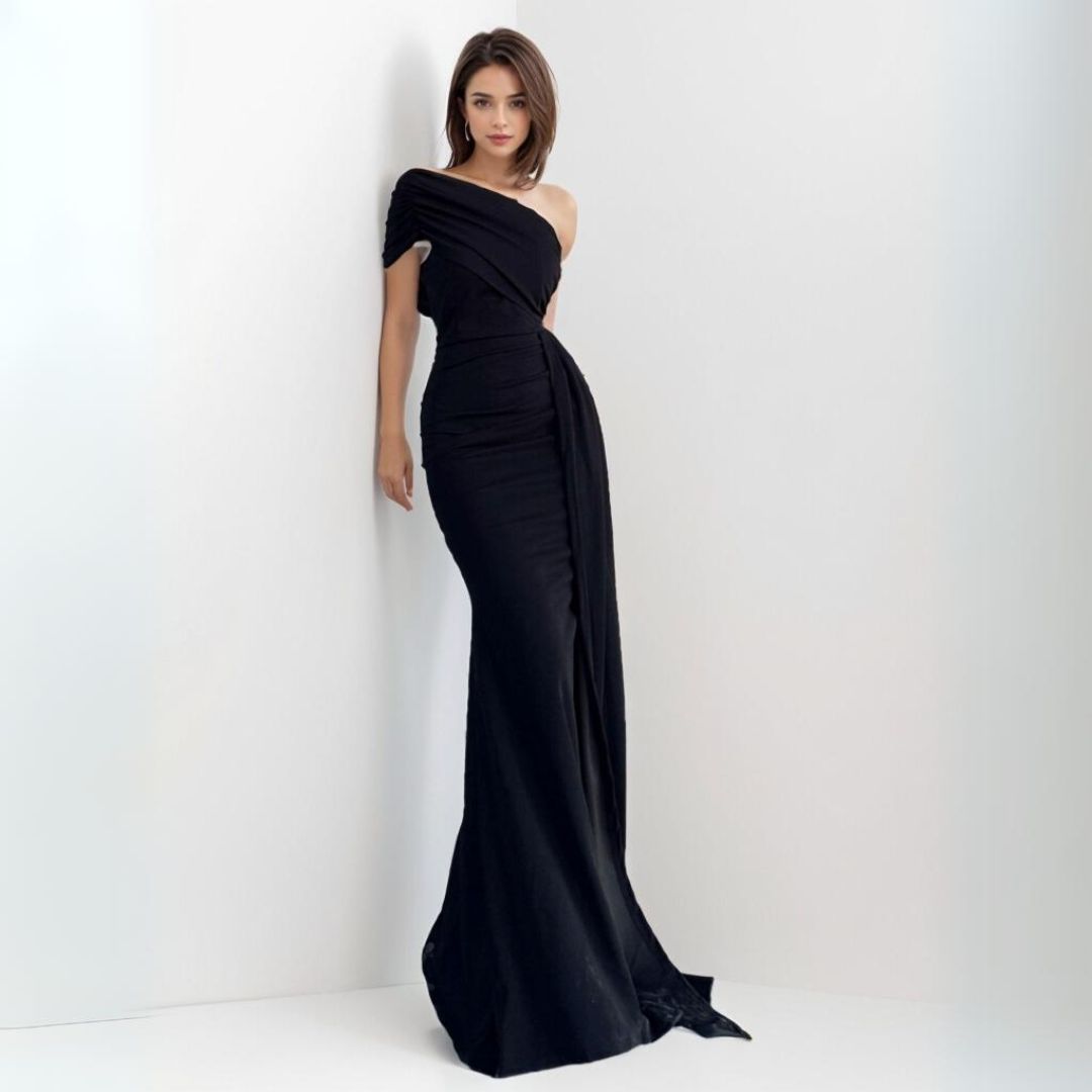 Black One-Shoulder Evening Gown