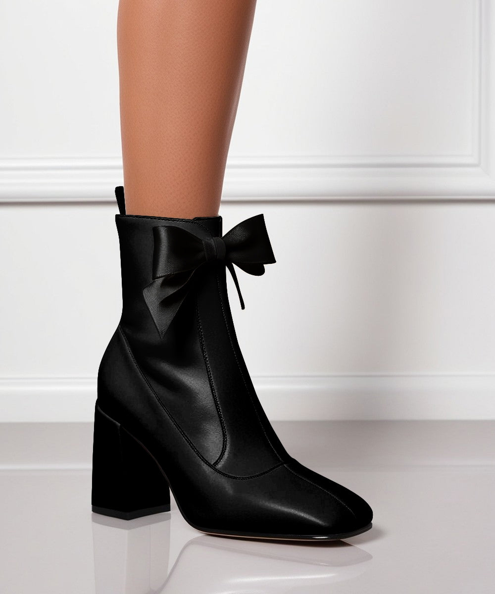 Black High Ankle Winter Boots, Bow, with Heels