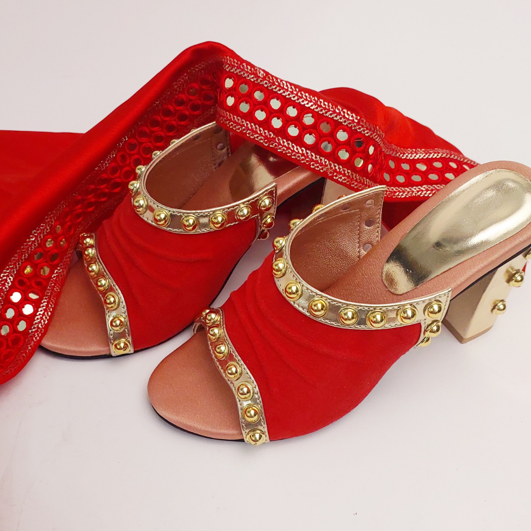 Golden Studded Red Elegant Party Block Heels