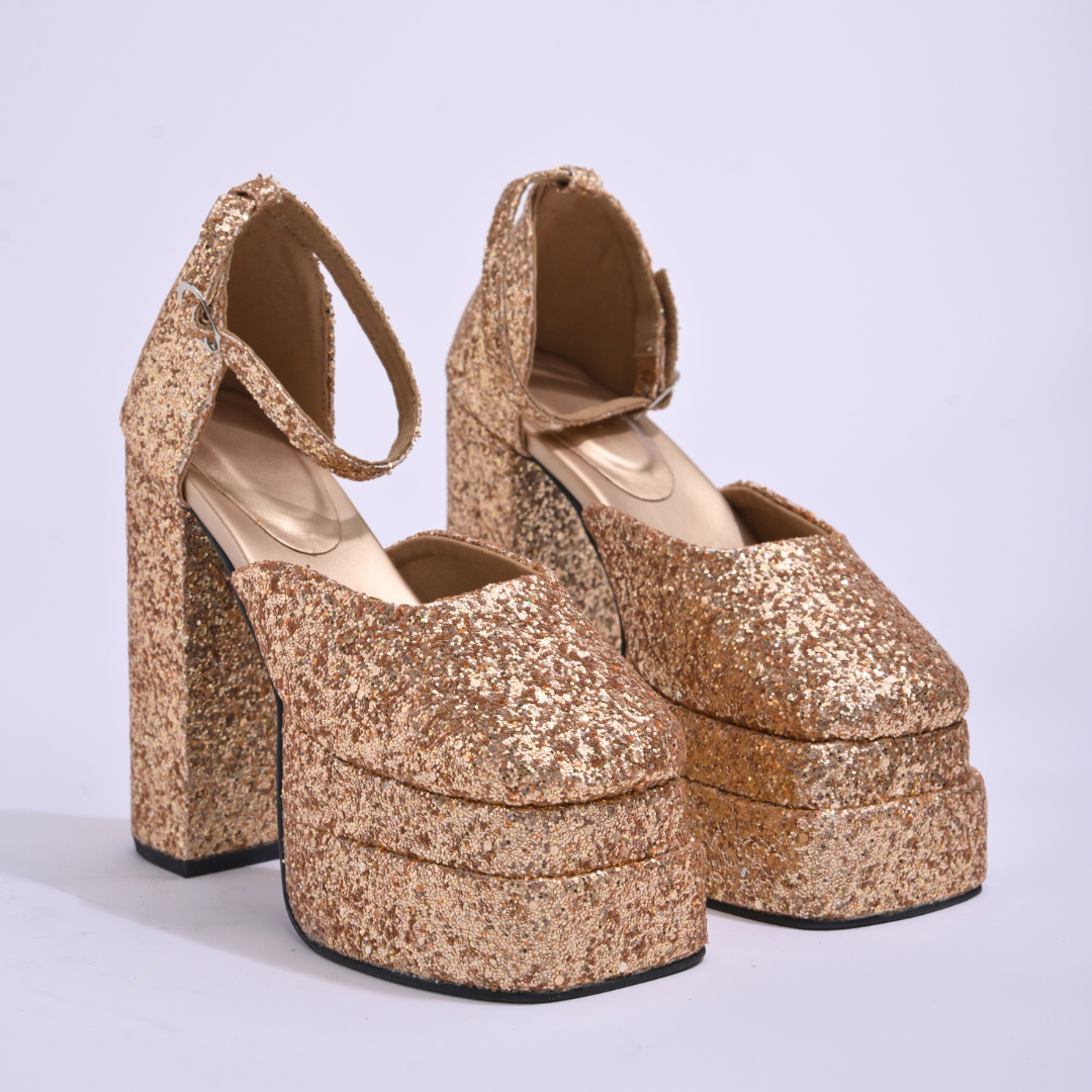 Premium Upmarket Golden Shimmer Ankle Strap Party Platform Block Heels