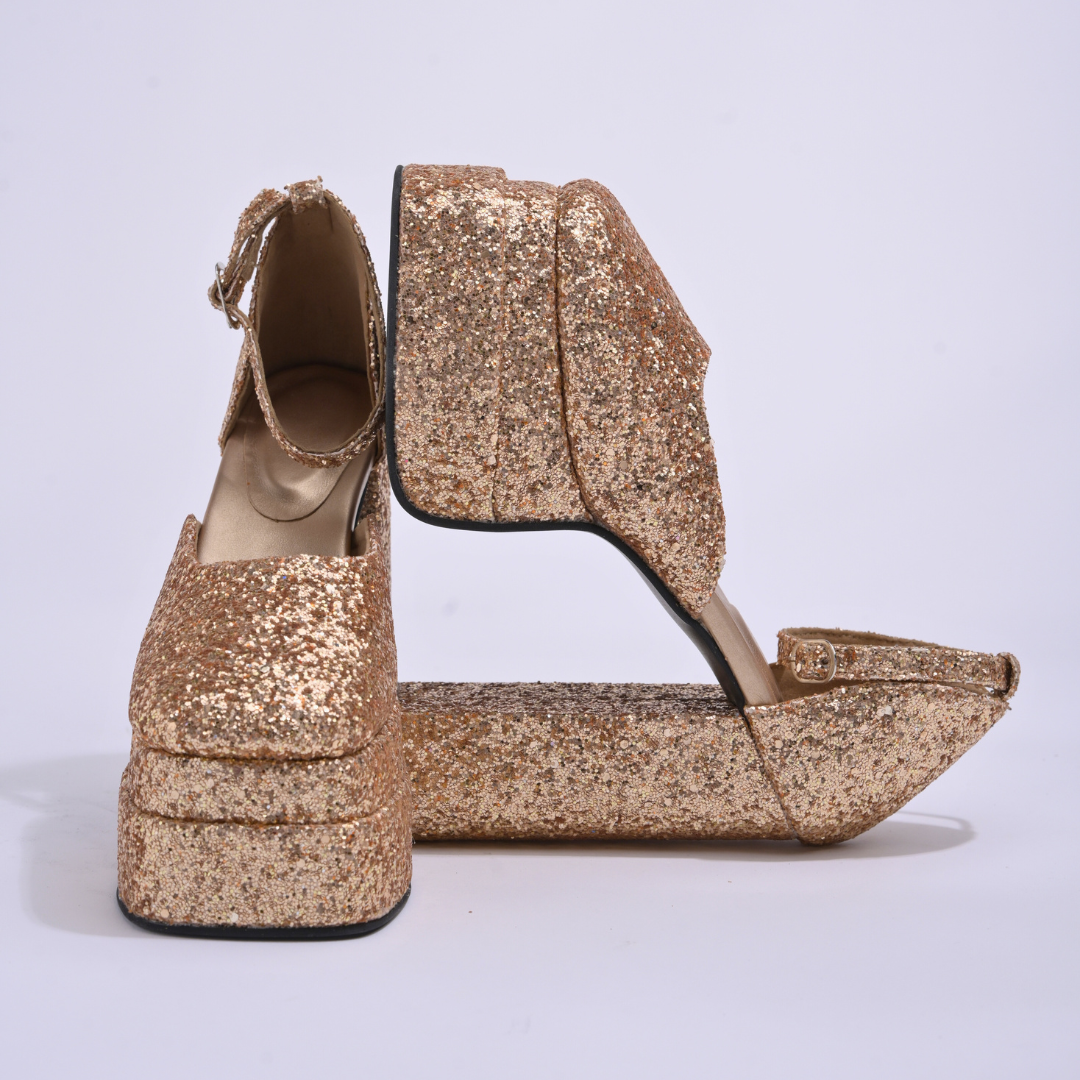 Premium Upmarket Golden Shimmer Ankle Strap Party Platform Block Heels