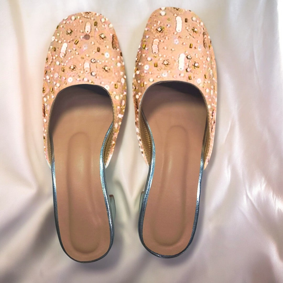 Biege Peach Sequin Hand Embroidered Square Toe Flat Mules