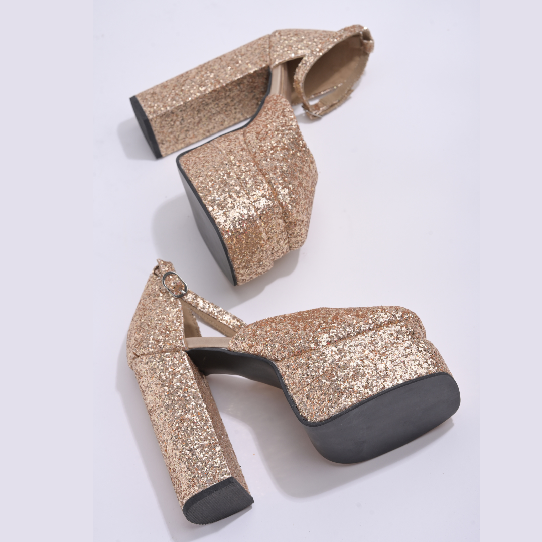 Premium Upmarket Golden Shimmer Ankle Strap Party Platform Block Heels