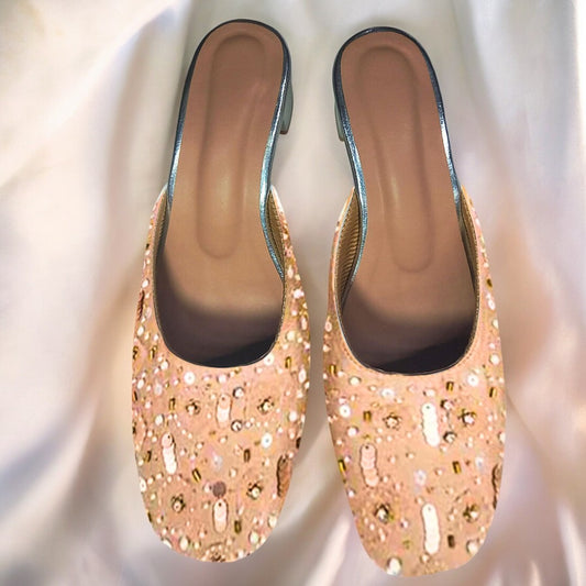 Biege Peach Sequin Hand Embroidered Square Toe Flat Mules