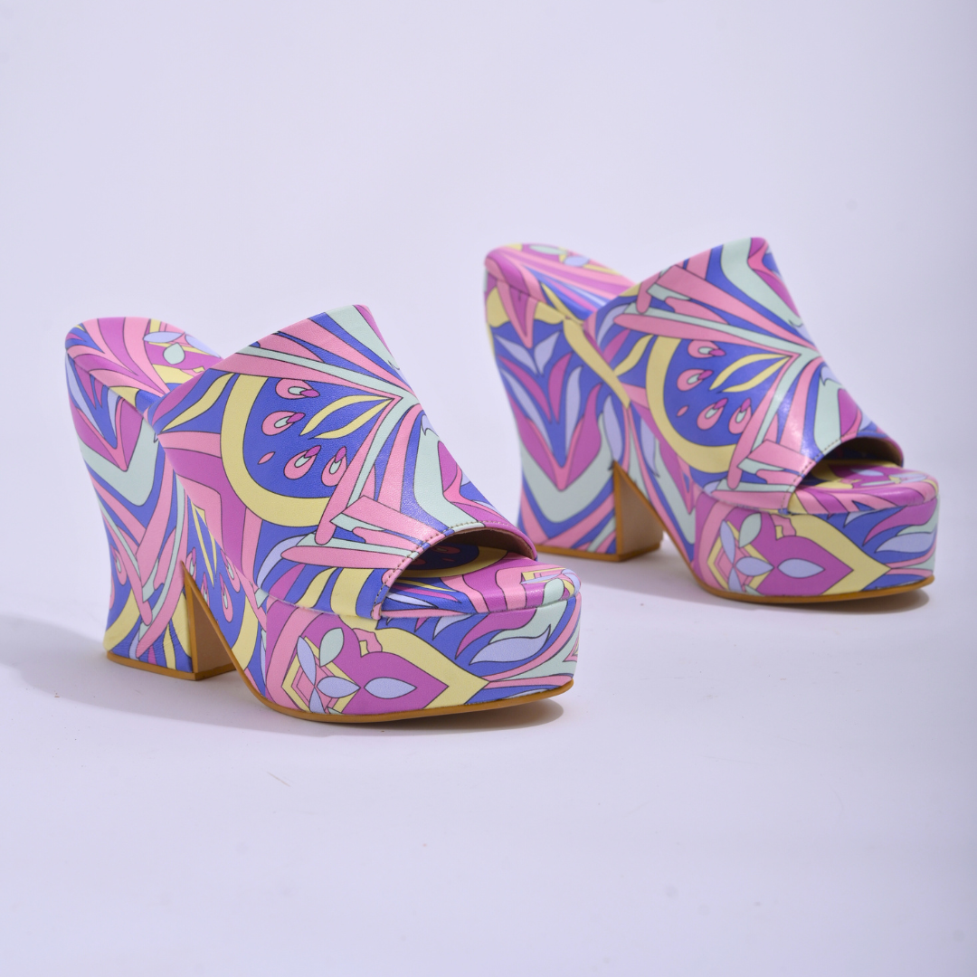 Purple Combo Quirky Psychedelic Print Chunky Platform Heels