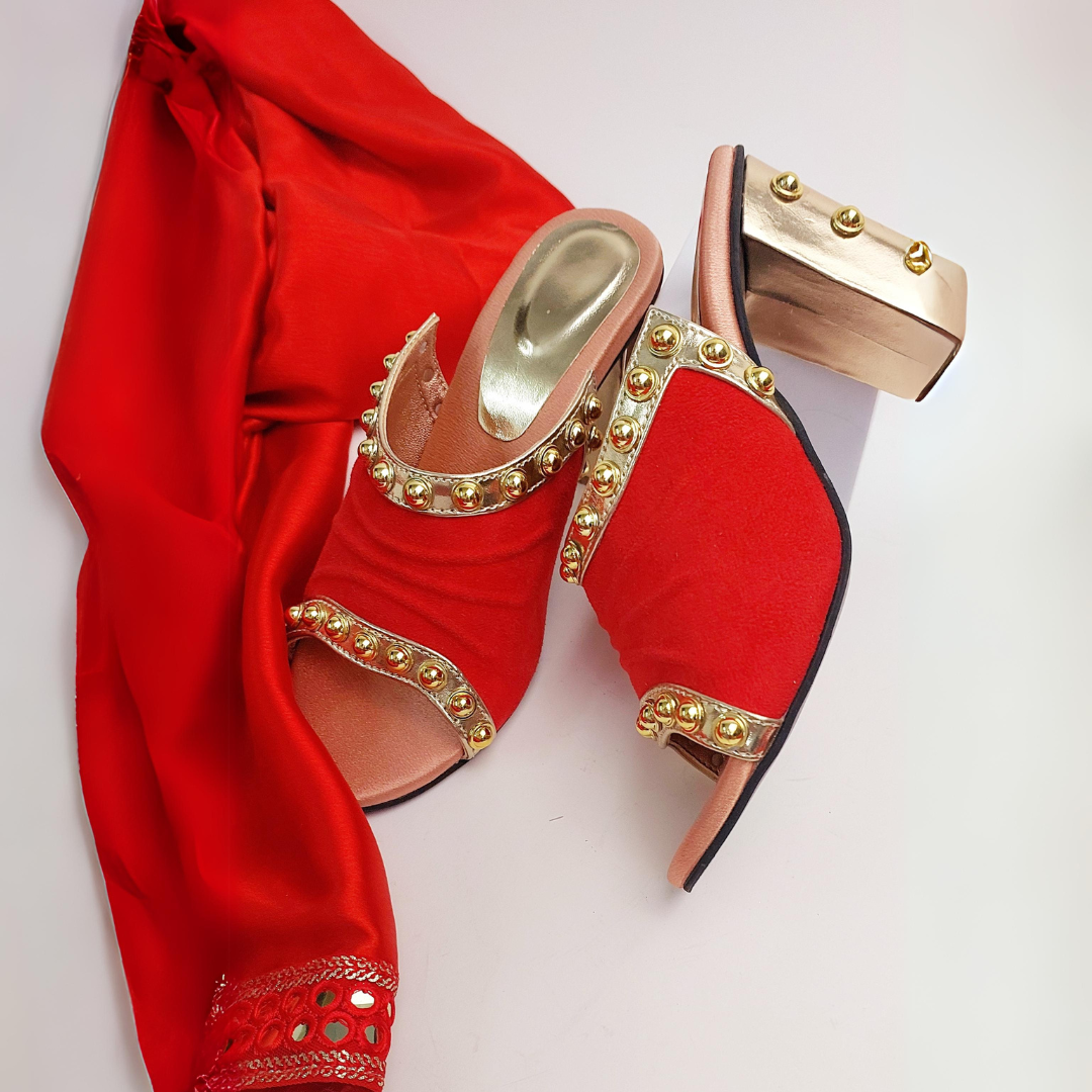 Golden Studded Red Elegant Party Block Heels