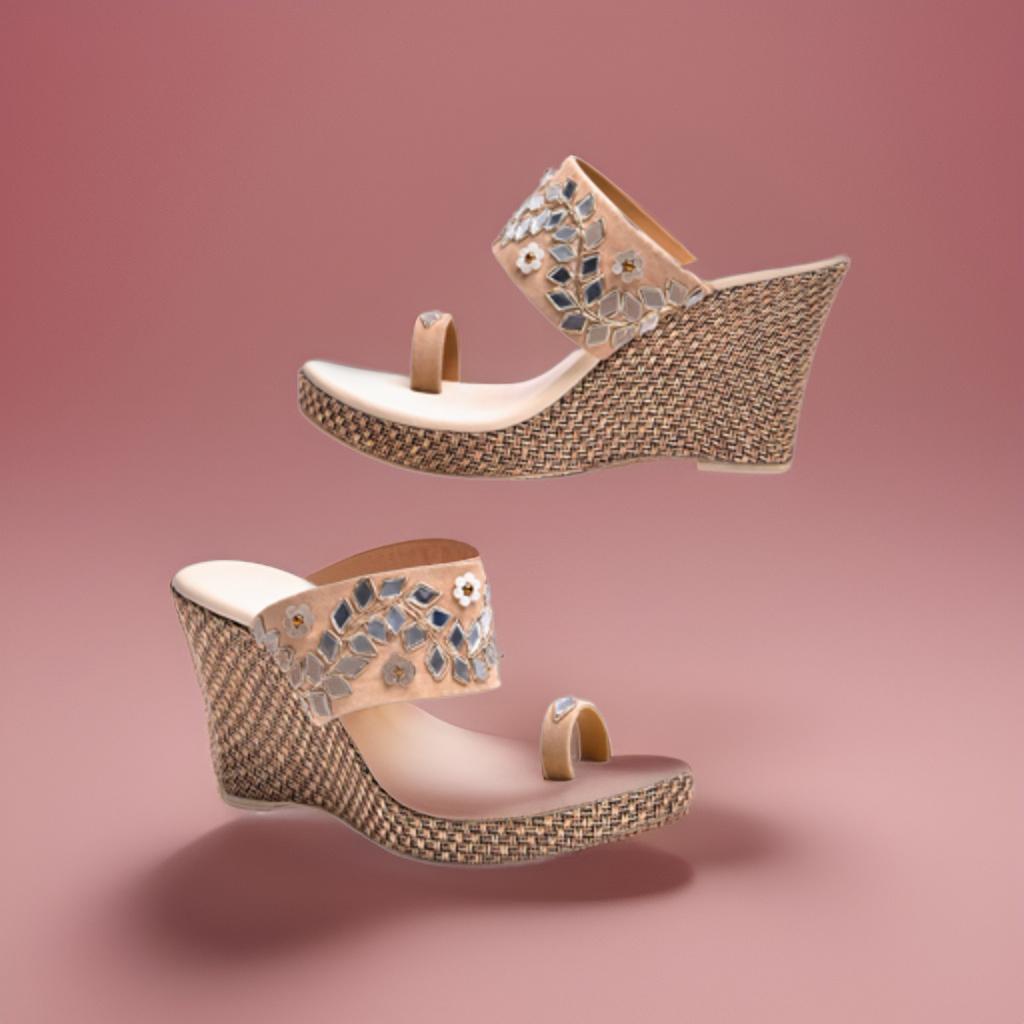 Beige Zari Embroidery Mirror Work Platform Heels