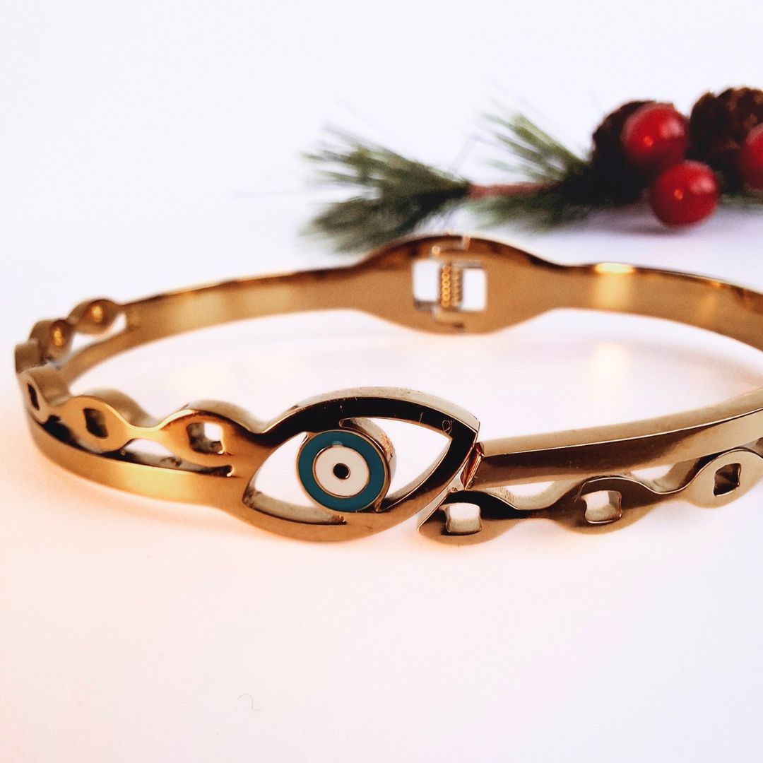 Evil Eye Bangle Bracelets with Jal-work in Stainless Steel