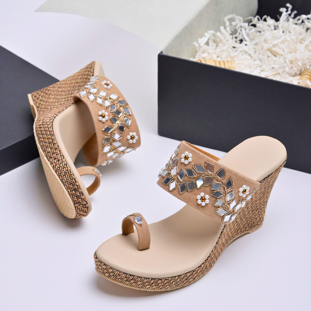 Beige Zari Embroidery Mirror Work Platform Heels