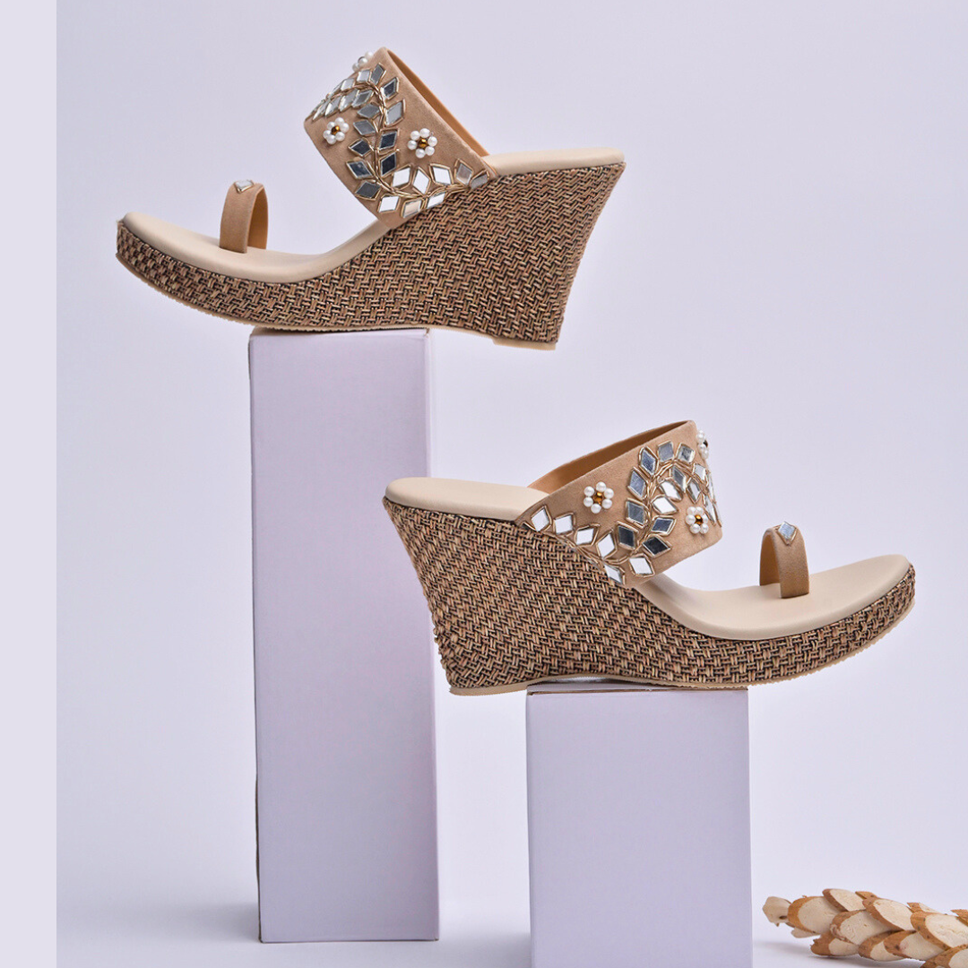 Beige Zari Embroidery Mirror Work Platform Heels