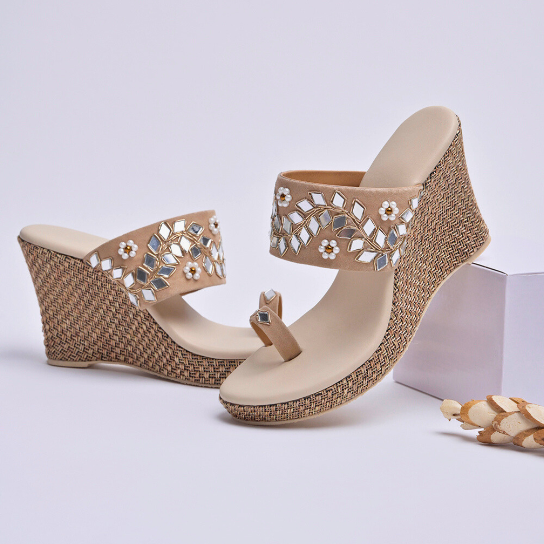 Beige Zari Embroidery Mirror Work Platform Heels