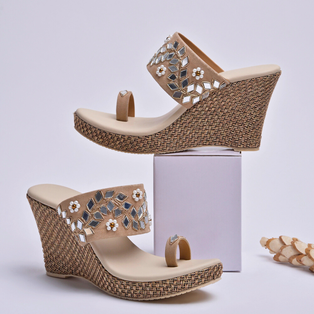 Beige Zari Embroidery Mirror Work Platform Heels