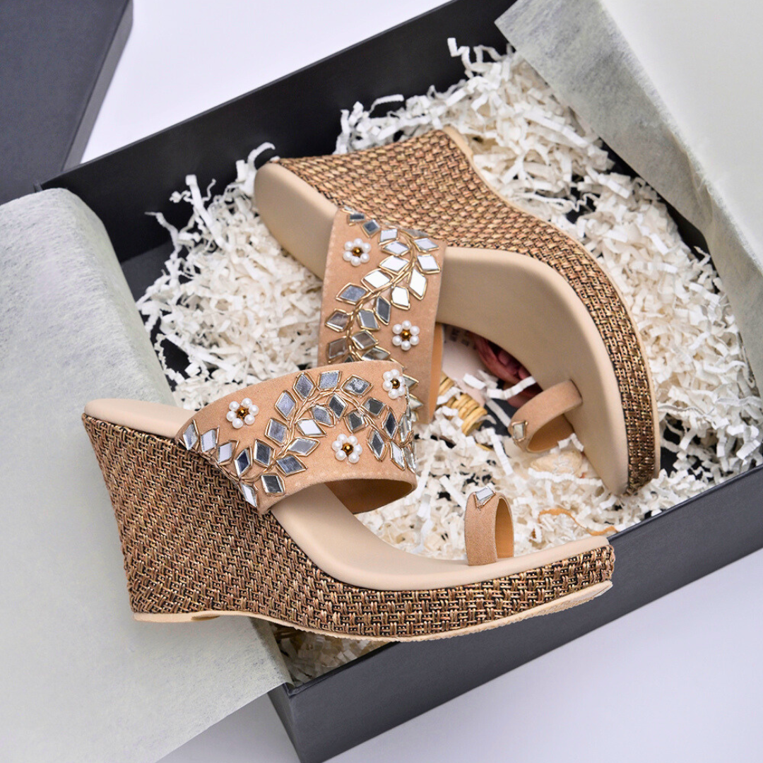 Beige Zari Embroidery Mirror Work Platform Heels