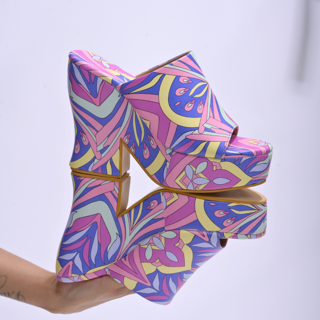 Purple Combo Quirky Psychedelic Print Chunky Platform Heels