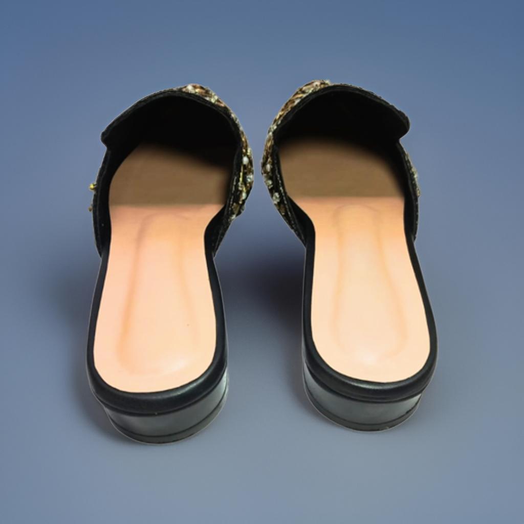 Black Velvet Zardozi Work Pointy Mules Flat