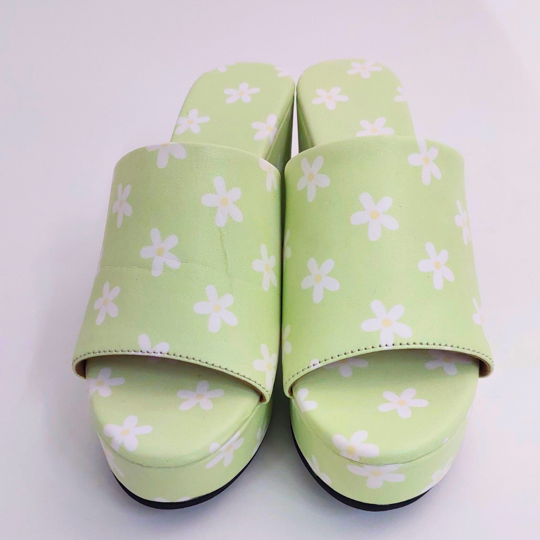 Pastel Green Floral McBling Y2K Print Platform Block Heels