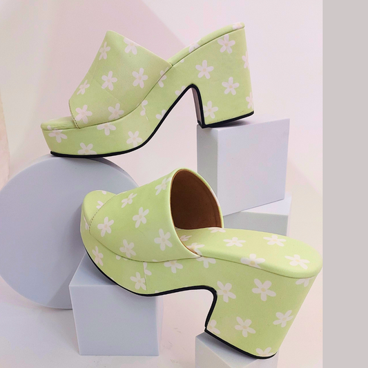 Pastel Green Floral McBling Y2K Print Platform Block Heels