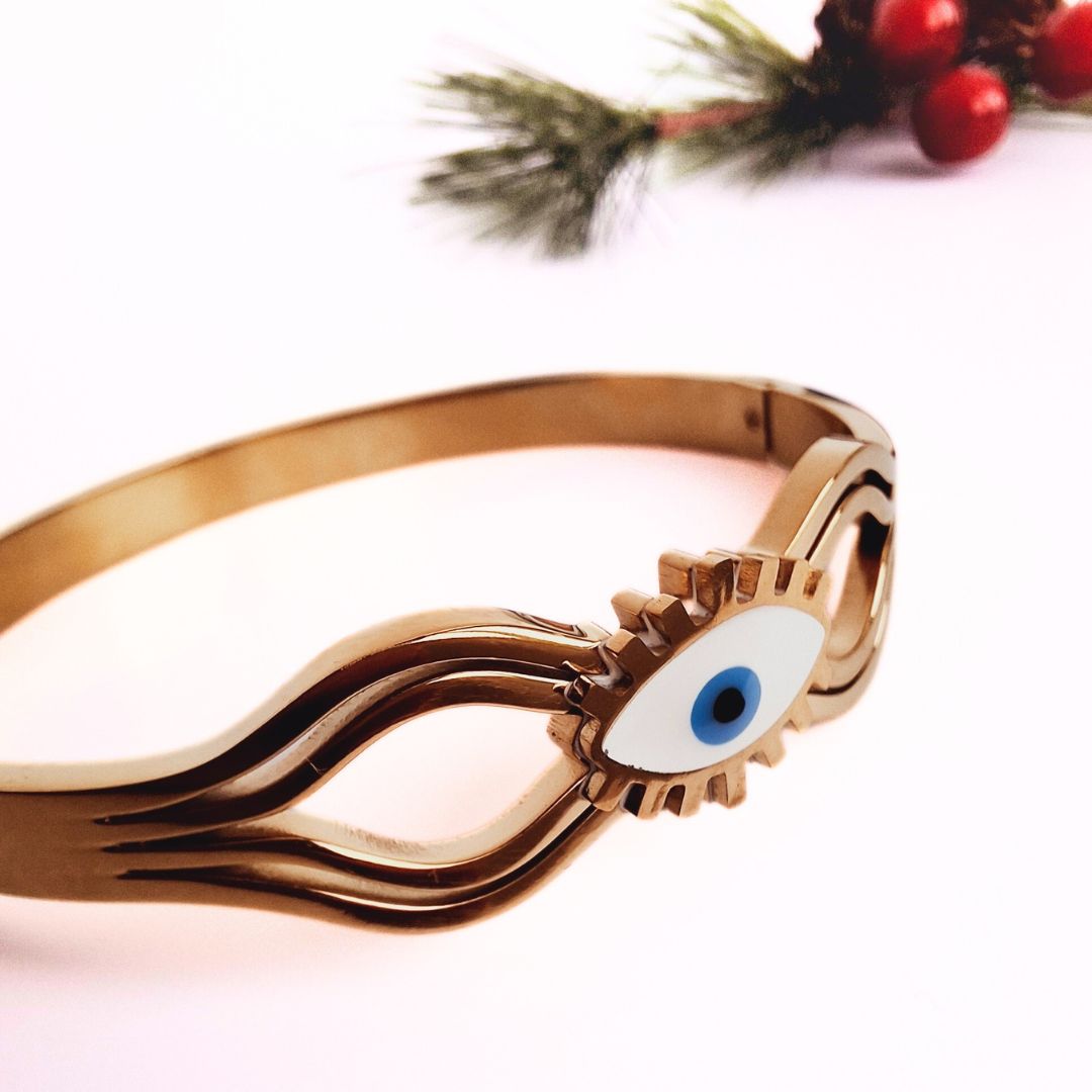 White Evil Eye Bangle Bracelets in Stainless Steel