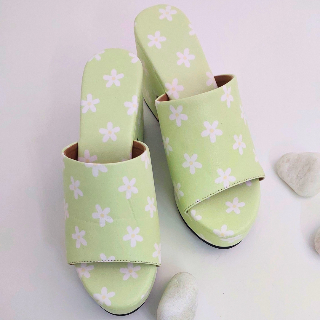 Pastel Green Floral McBling Y2K Print Platform Block Heels