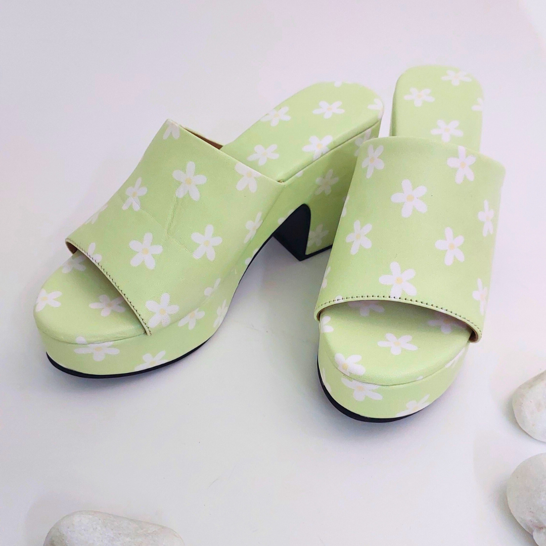 Pastel Green Floral McBling Y2K Print Platform Block Heels