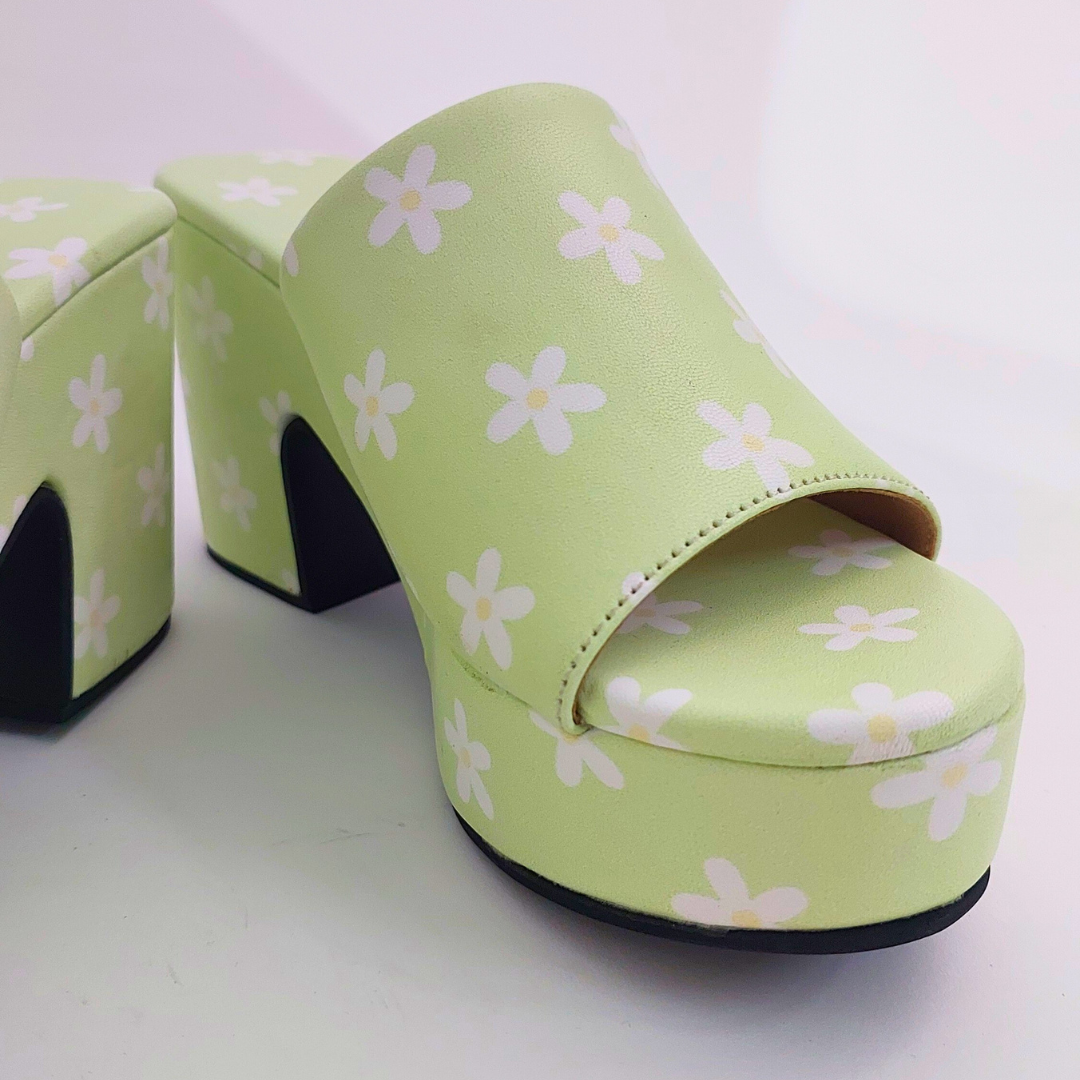 Pastel Green Floral McBling Y2K Print Platform Block Heels