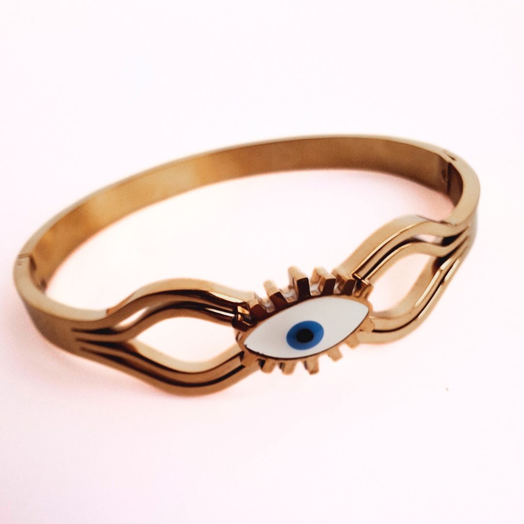 White Evil Eye Bangle Bracelets in Stainless Steel