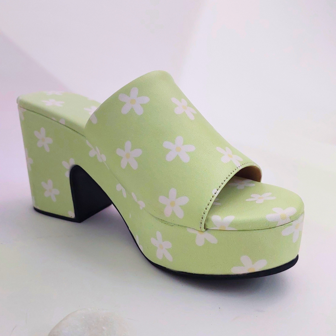 Pastel Green Floral McBling Y2K Print Platform Block Heels