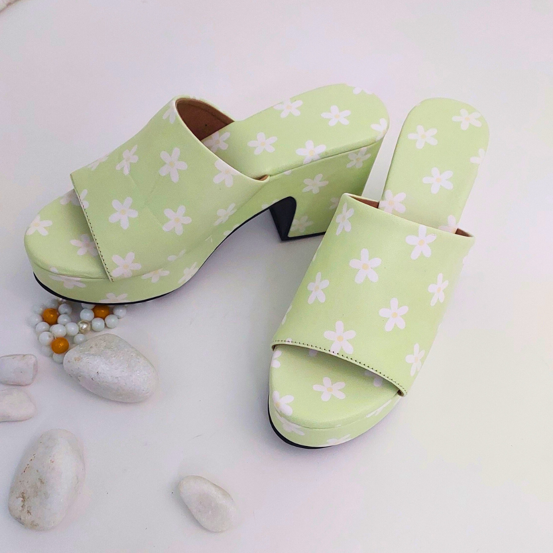 Pastel Green Floral McBling Y2K Print Platform Block Heels