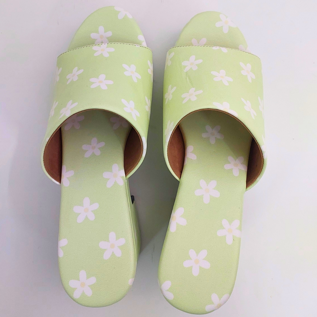 Pastel Green Floral McBling Y2K Print Platform Block Heels