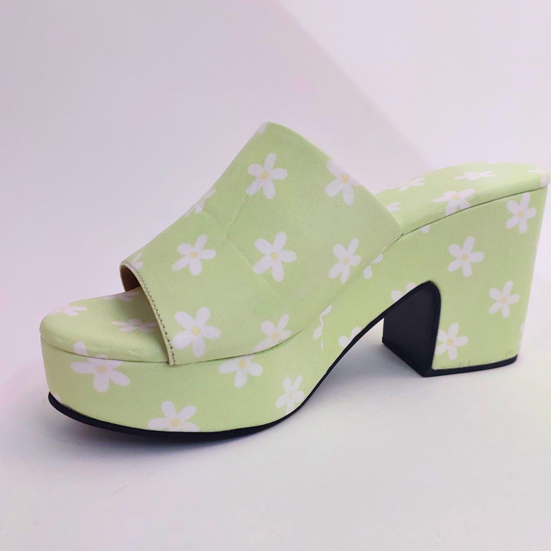 Pastel Green Floral McBling Y2K Print Platform Block Heels