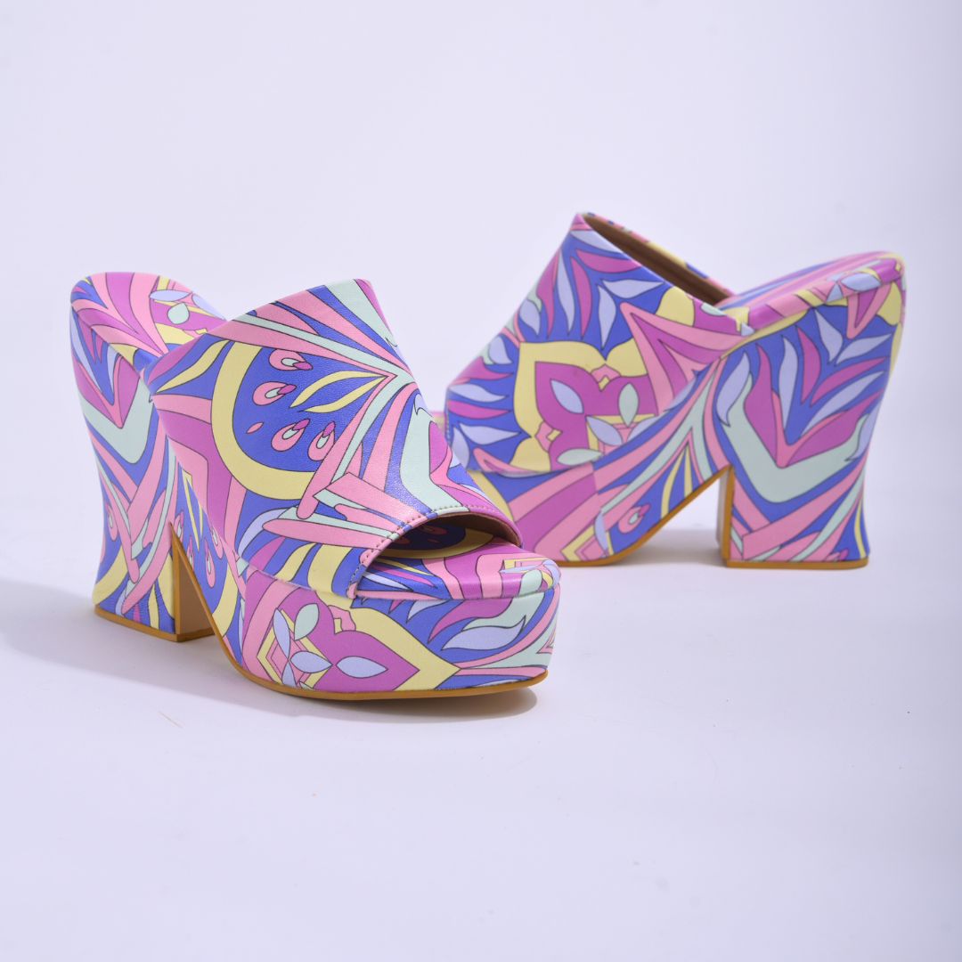 Purple Combo Quirky Psychedelic Print Chunky Platform Heels