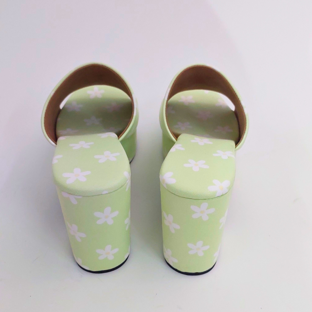 Pastel Green Floral McBling Y2K Print Platform Block Heels