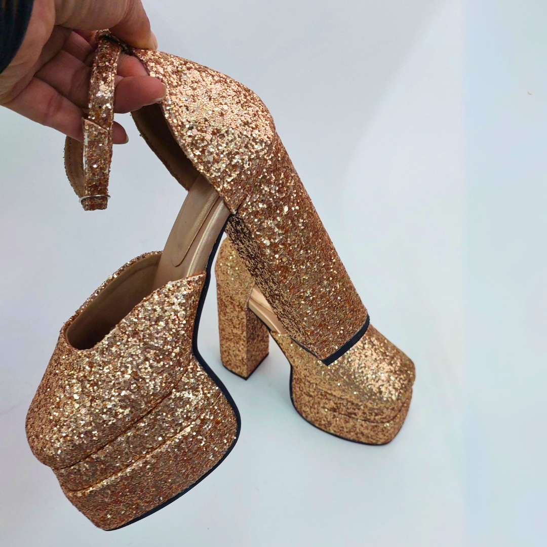 Premium Upmarket Golden Shimmer Ankle Strap Party Platform Block Heels