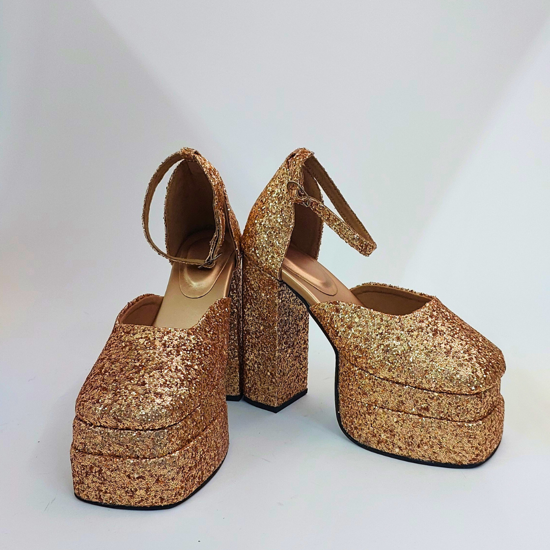 Premium Upmarket Golden Shimmer Ankle Strap Party Platform Block Heels