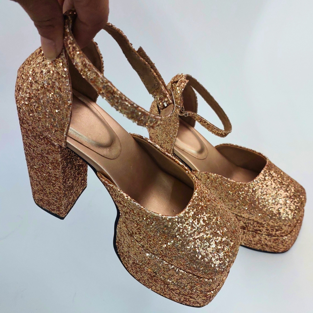 Premium Upmarket Golden Shimmer Ankle Strap Party Platform Block Heels