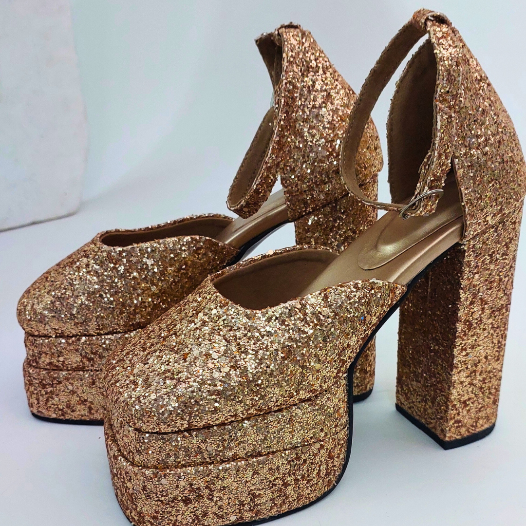 Premium Upmarket Golden Shimmer Ankle Strap Party Platform Block Heels