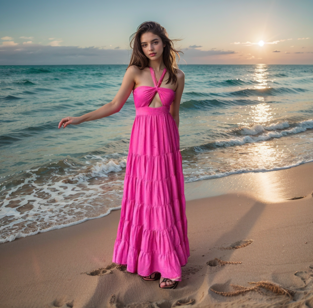 Cotton Pink Front Cut-Out Halter Neck Maxi Dress