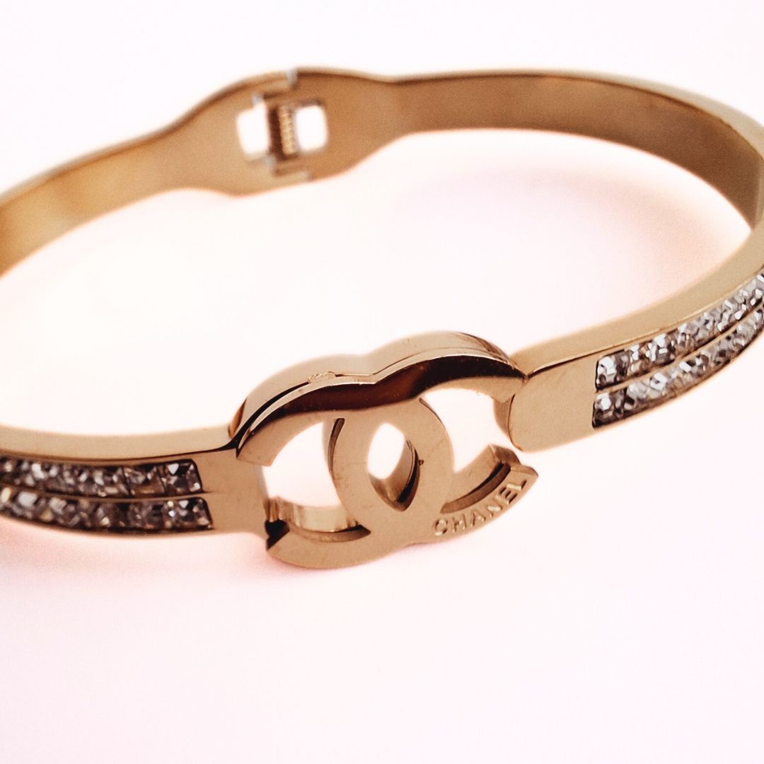 Zirconia Golden Chanel Inspired Bangle Bracelets in Stainless Steel