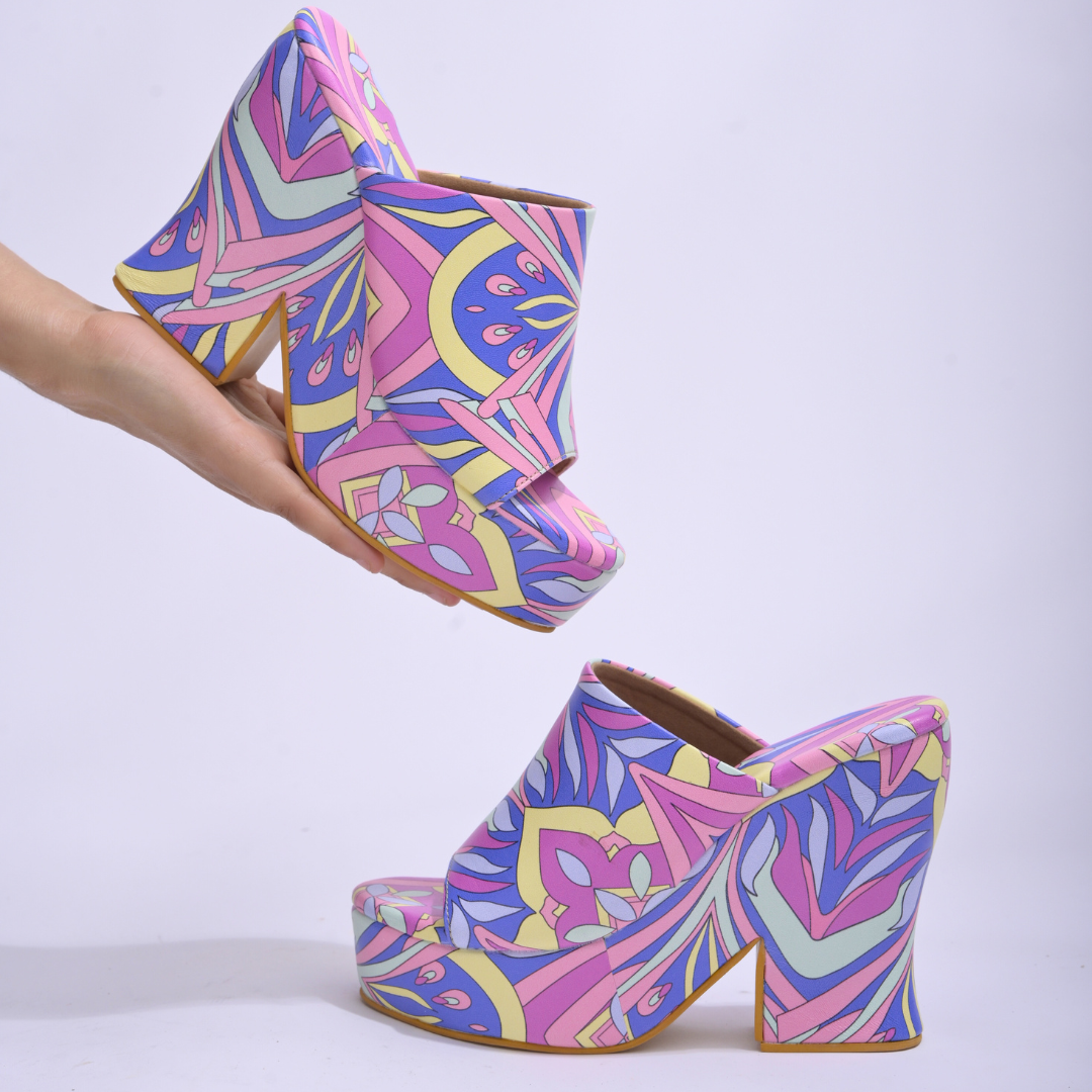 Purple Combo Quirky Psychedelic Print Chunky Platform Heels