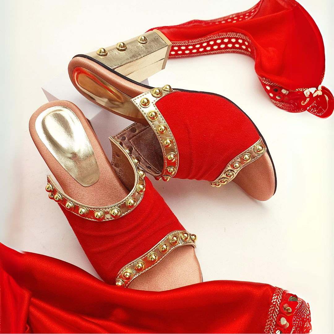 Golden Studded Red Elegant Party Block Heels