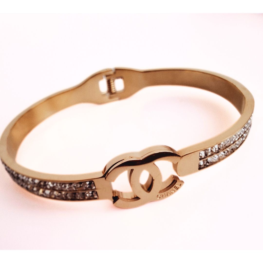 Zirconia Golden Chanel Inspired Bangle Bracelets in Stainless Steel