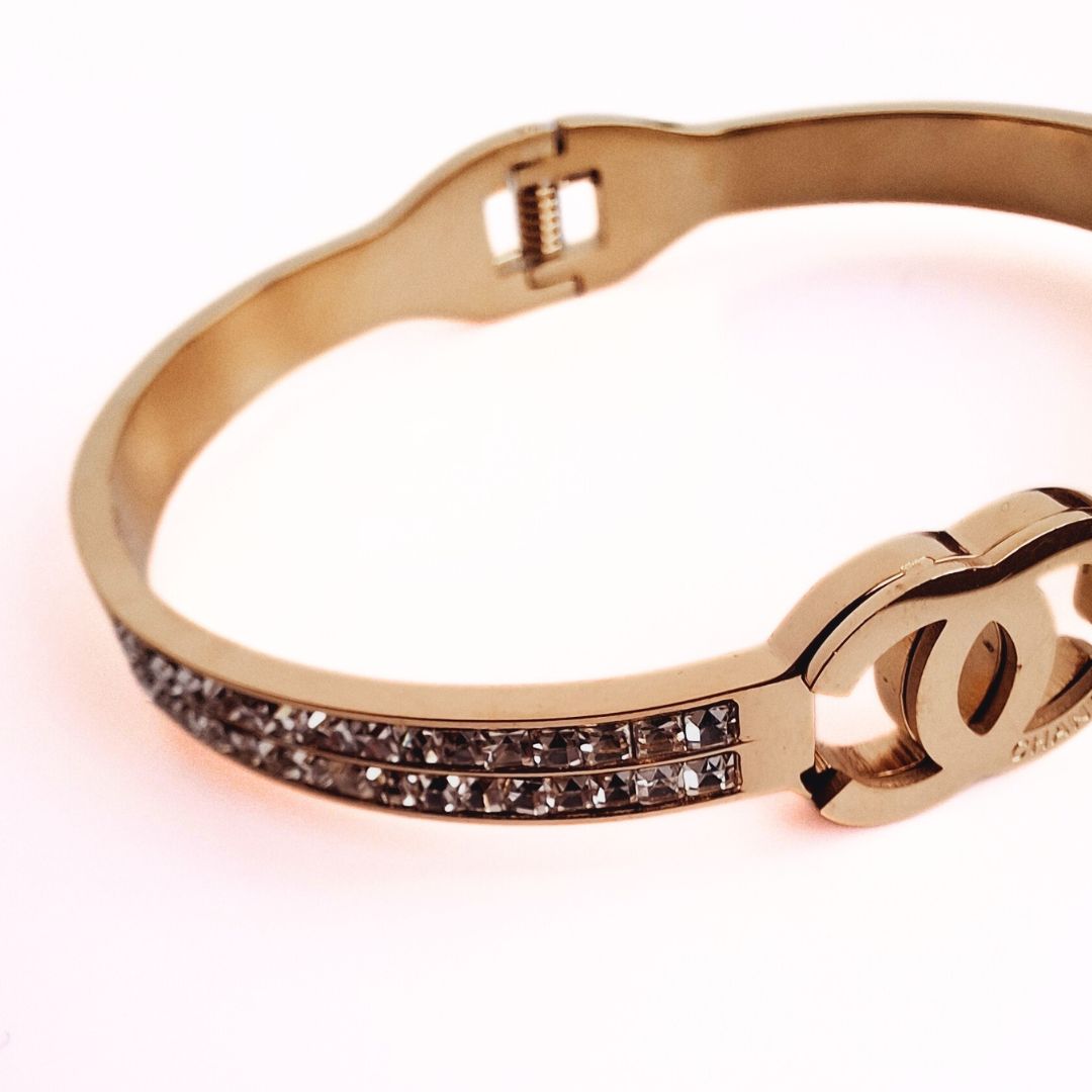 Zirconia Golden Chanel Inspired Bangle Bracelets in Stainless Steel