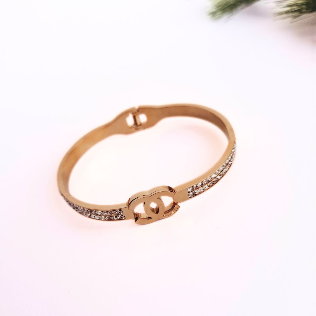 Zirconia Golden Chanel Inspired Bangle Bracelets in Stainless Steel