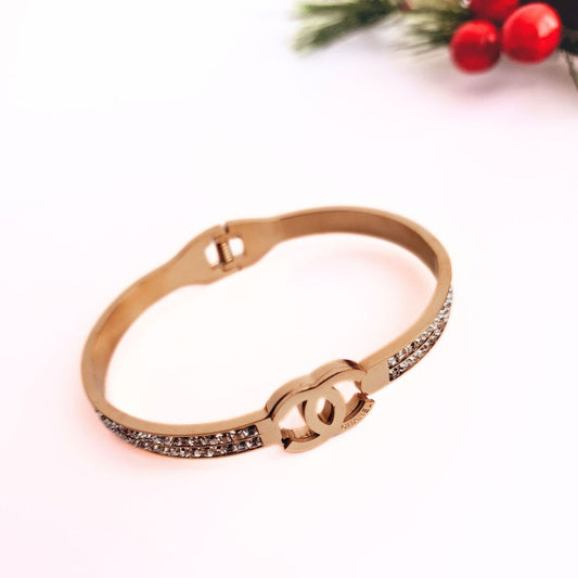 Zirconia Golden Chanel Inspired Bangle Bracelets in Stainless Steel