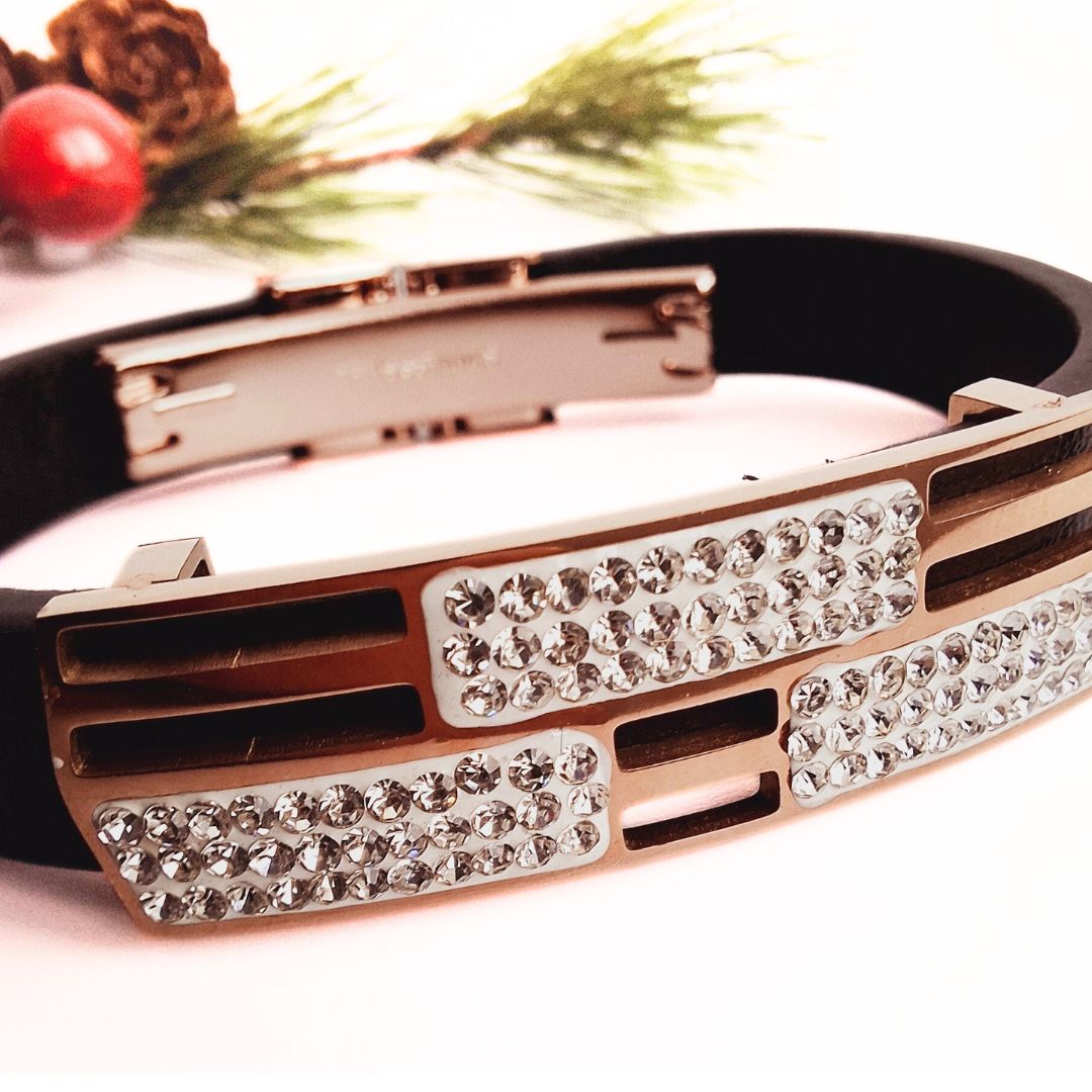 Sparkling Roads Black and Rose Gold Stainless Steel and Faux Leather Bangle