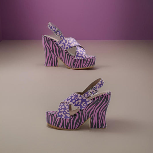 Pink and Purple Y2K McBling Print Platform Heels