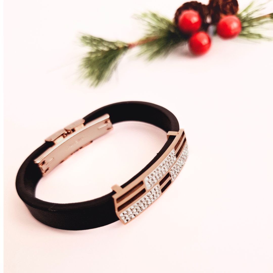 Sparkling Roads Black and Rose Gold Stainless Steel and Faux Leather Bangle